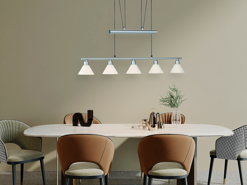 Pendelleuchte STAMINA mit Glas 5-flammig höhenverstellbar 80-180cm, B:102cm