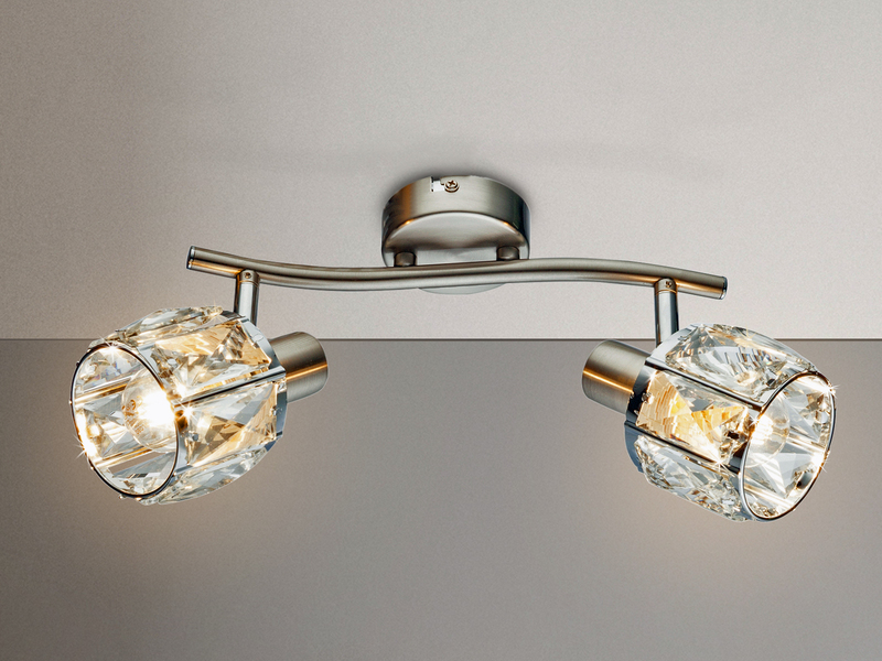 LED Deckenstrahler 2-flammig mit Glaskristallen Silber matt, Breite 28cm