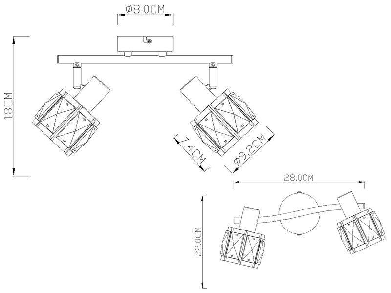 LED Deckenstrahler 2-flammig mit Glaskristallen Silber matt, Breite 28cm