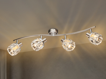 LED Deckenstrahler 4-flammig mit Glaskristallen Silber matt, Breite 70cm
