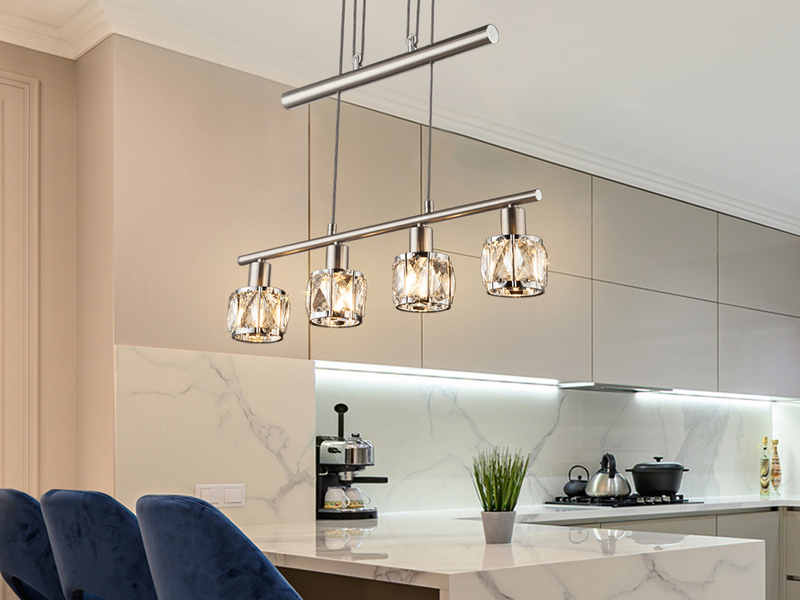 LED Balkenpendelleuchte höhenverstellbar mit Glaskristallen Silber, Breite 60cm