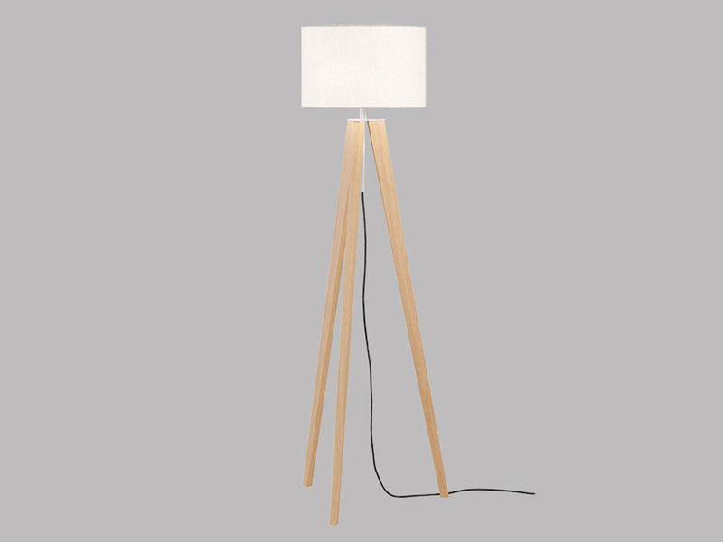 LED Stehlampe mit Dreibein Holzfuß & Lampenschirm Leinen Weiß, Höhe 140-164cm
