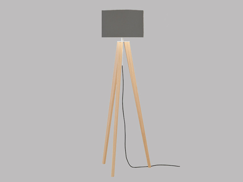 LED Stehlampe mit Dreibein Holzfuß & Lampenschirm Leinen Grau, Höhe 140-164cm