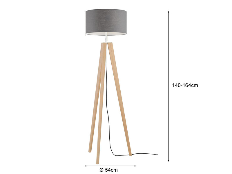 LED Stehlampe mit Dreibein Holzfuß & Lampenschirm Leinen Grau, Höhe 140-164cm