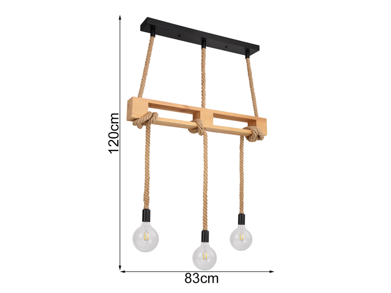 Balkenpendelleuchte ULLEU 3-flammig mit Holzbalken und Hanfseill, Breite 83cm