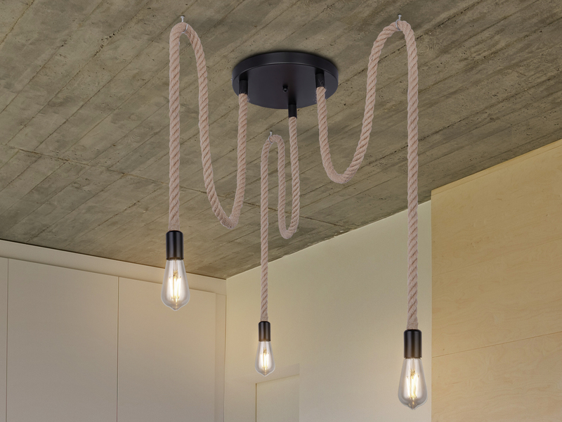 Pendelleuchte ULLEU 3-flammig mit Hanfseil lang, Abhängung 160cm