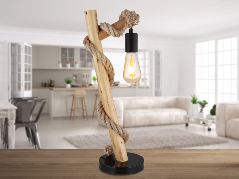 Große Tischleuchte ULLEU mit Hanfseil und Holzstab, Höhe 53,5cm