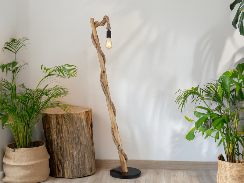 Stehleuchte ULLEU mit Hanfseil und Holzstab, Höhe 150cm
