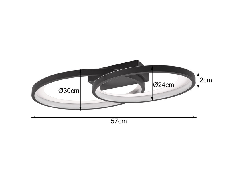 Große LED Deckenleuchte MALAGA 2 Ringe Schwarz, Breite 57cm