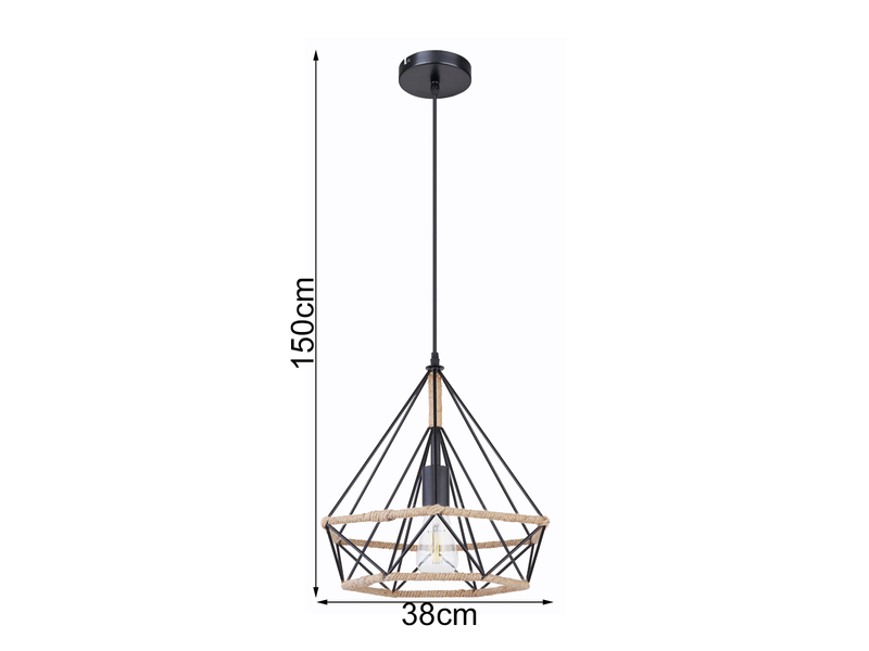 LED Pendelleuchte mit Hanfseil und Drahtgestell Schwarz, Ø38cm