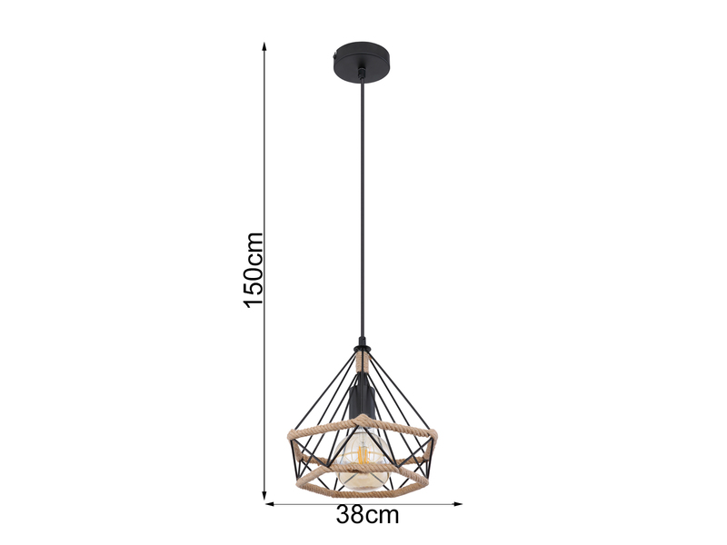 LED Pendelleuchte mit Hanfseil und Drahtgestell Schwarz, Ø25cm