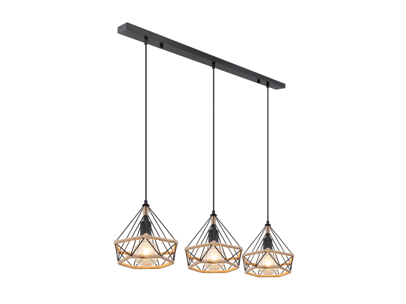 LED Pendelleuchte 3-flammig mit Hanfseil und Drahtgestell, Breite 100cm