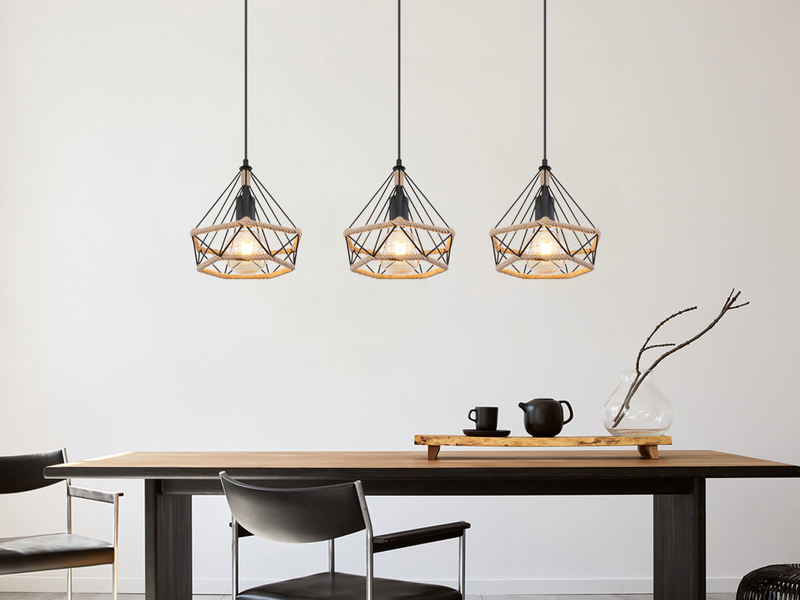LED Pendelleuchte 3-flammig mit Hanfseil und Drahtgestell, Breite 100cm