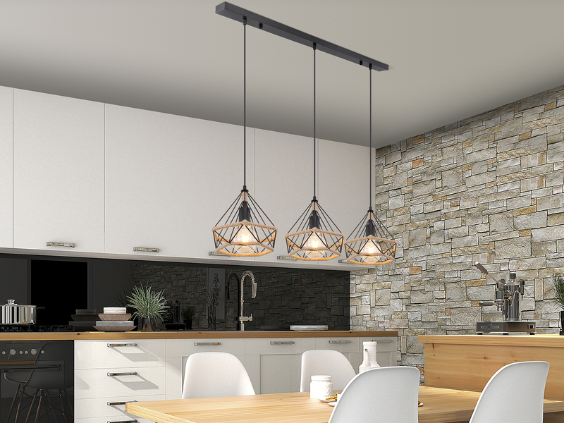 LED Pendelleuchte 3-flammig mit Hanfseil und Drahtgestell, Breite 100cm