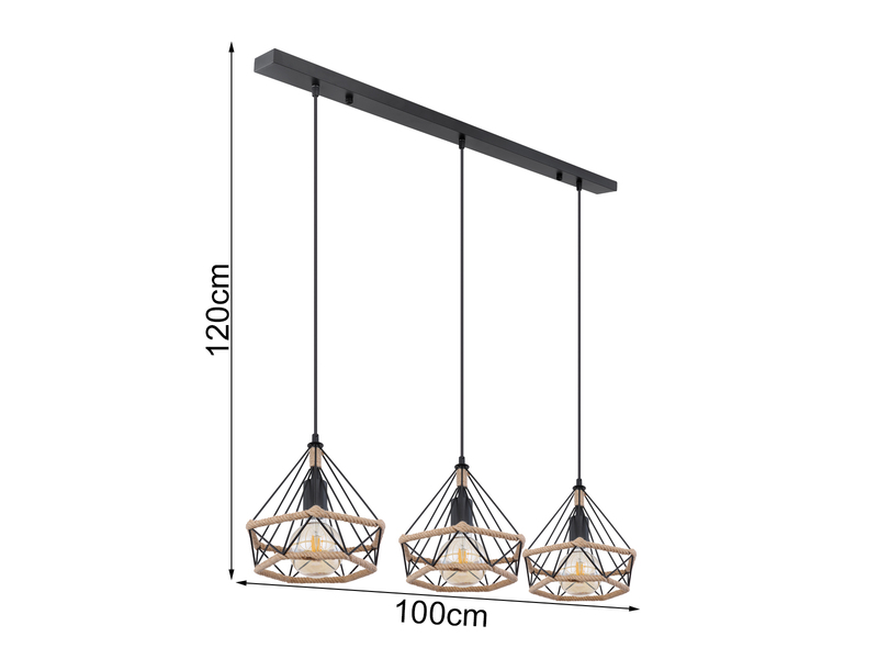LED Pendelleuchte 3-flammig mit Hanfseil und Drahtgestell, Breite 100cm