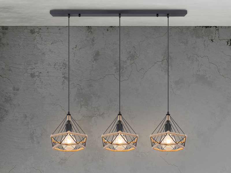 LED Pendelleuchte 3-flammig mit Hanfseil und Drahtgestell, Breite 100cm