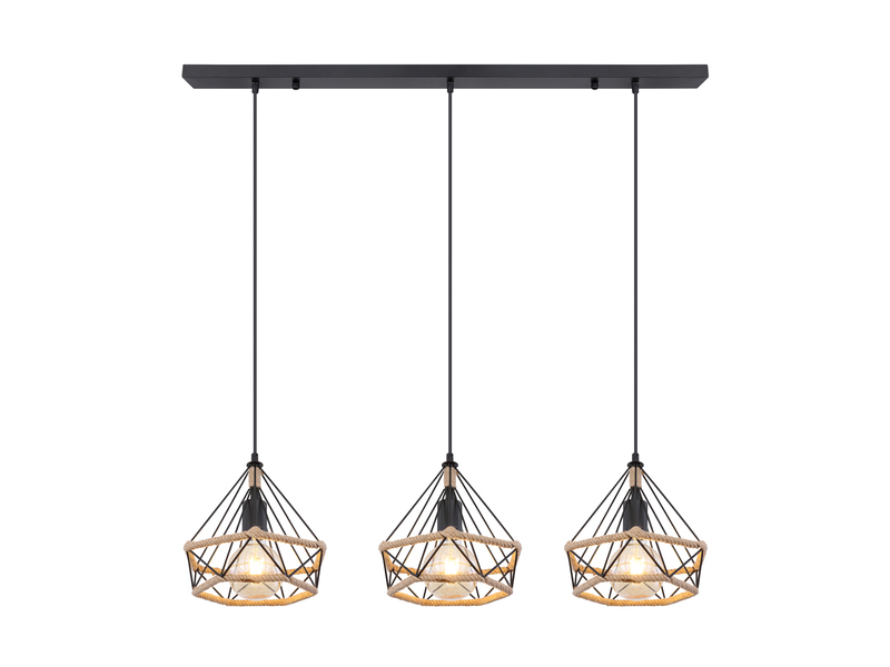 LED Pendelleuchte 3-flammig mit Hanfseil und Drahtgestell, Breite 100cm