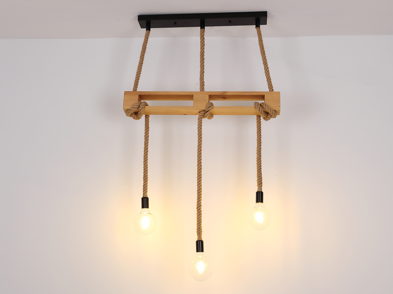 LED Balkenpendelleuchte 3-flammig mit Holzbalken und Hanfseil, Breite 83cm