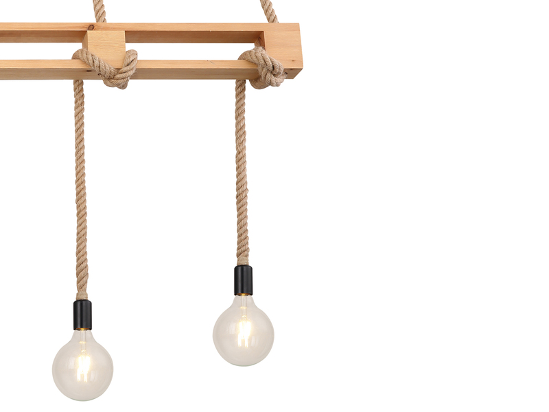 LED Balkenpendelleuchte 4-flammig mit Holzbalken und Hanfseil, Breite 120cm