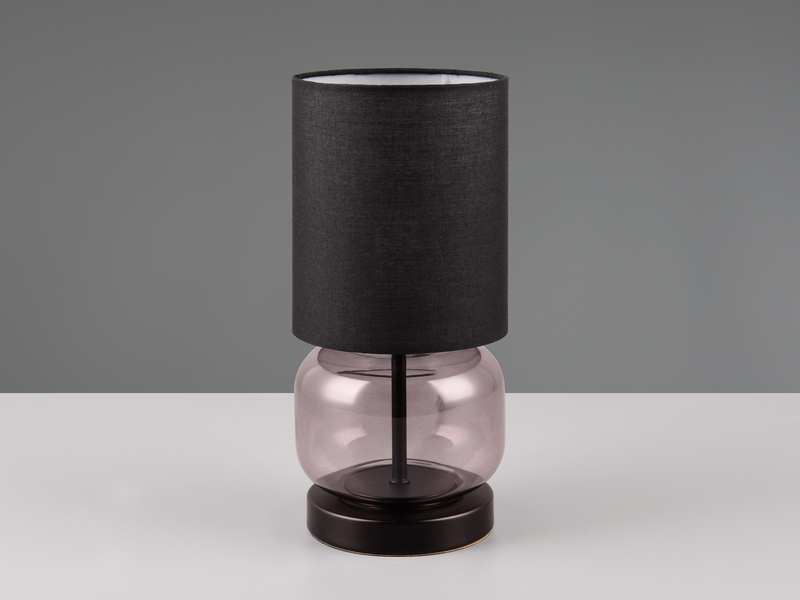 LED Tischleuchte mit Glasfuß Rauchglas und Stoffschirm Schwarz, Höhe 28cm