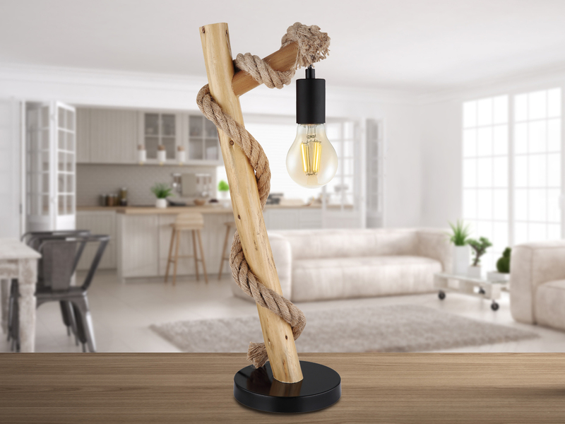 LED Tischleuchte mit Hanfseil und Holzstab, Höhe 53,5cm