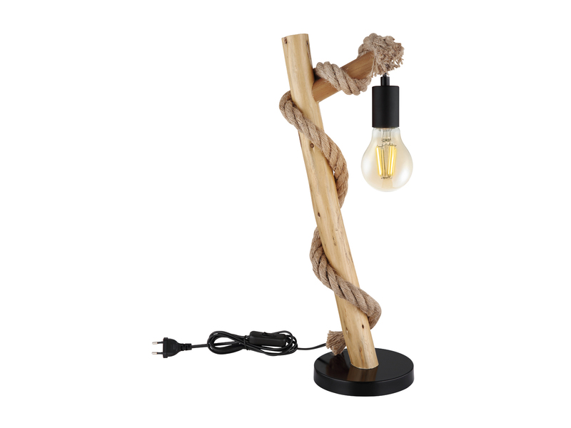 LED Tischleuchte mit Hanfseil und Holzstab, Höhe 53,5cm