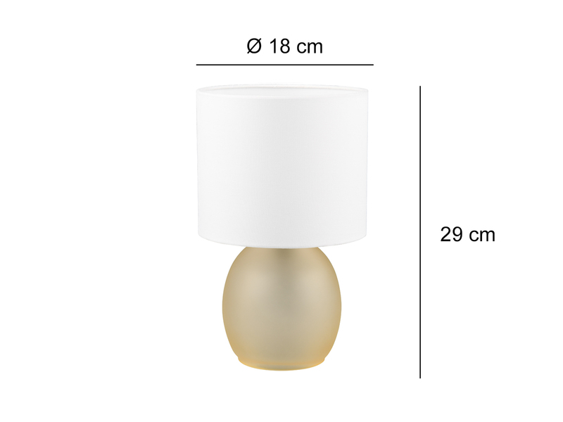 LED Tischleuchte mit Glasfuß Bernsteinfarben und Stoffschirm Weiß, Höhe 29cm