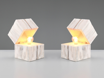 2-er SET aufklappbare LED Tischleuchten aus Holz Weiß, Höhe 16cm