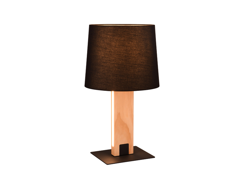 Tischleuchte RAHUL mit beleuchtetem Holzfuß und Stoffschirm, H: 50cm
