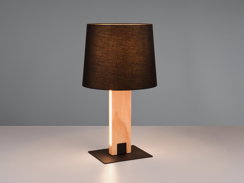 Tischleuchte RAHUL mit beleuchtetem Holzfuß und Stoffschirm, Höhe 50cm