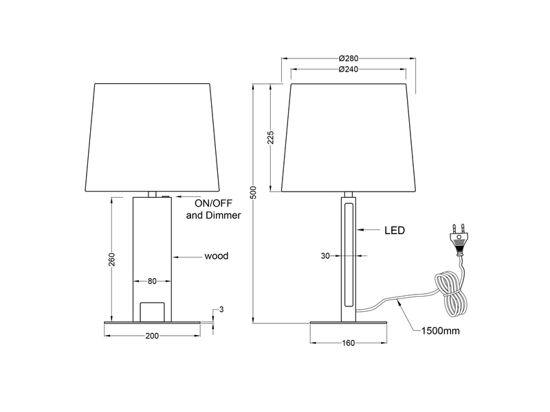 LED Tischleuchte mit beleuchtetem Holzfuß und Stoffschirm, H: 50cm