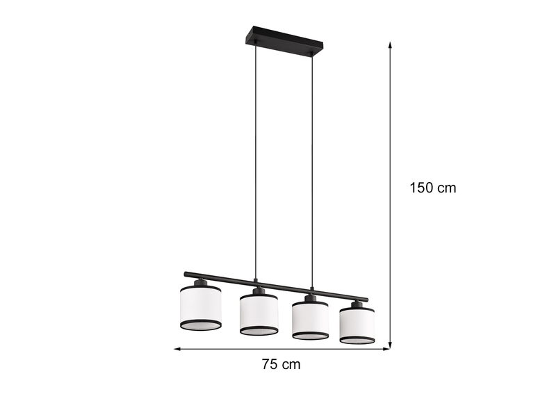 LED Balkenpendelleuchte 4-flammig mit Stoffschirmen Schwarz/Weiß, Breite 75cm