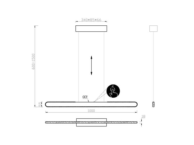 Höhenverstellbare LED Pendelleuchte HELIOS touch dimmbar, Silber Breite 100cm