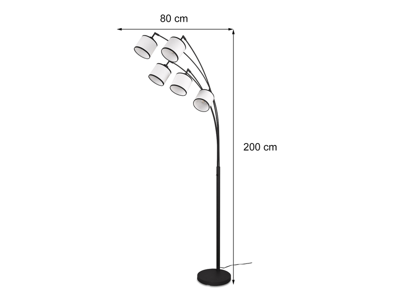 Große LED Bogenleuchte 5-flammig mit Stoffschirmen Schwarz/Weiß, Höhe 200cm