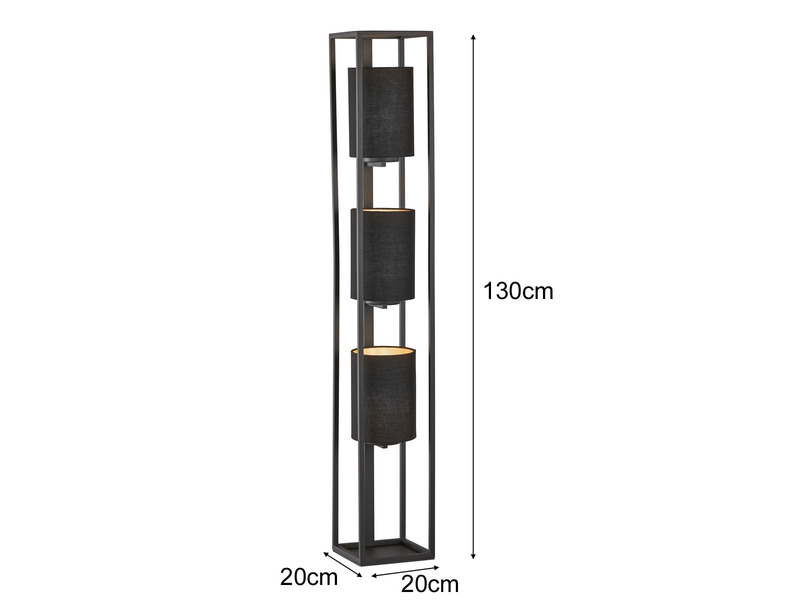LED Stehlampe 3-flammig Schwarz Stoffschirme innen Gold, Höhe 130cm