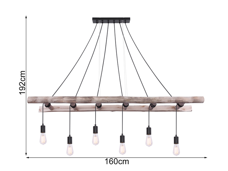 Pendelleuchte IRMGARD 6-flammig mit Leiter Holzbalken, Länge 160cm