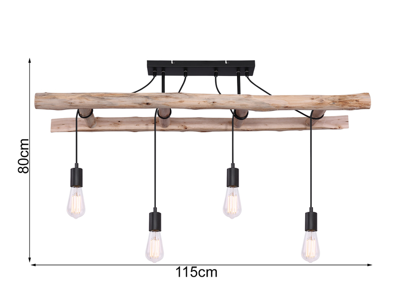 Deckenleuchte IRMGARD 4-flammig mit Leiter Holzbalken, Breite 115cm