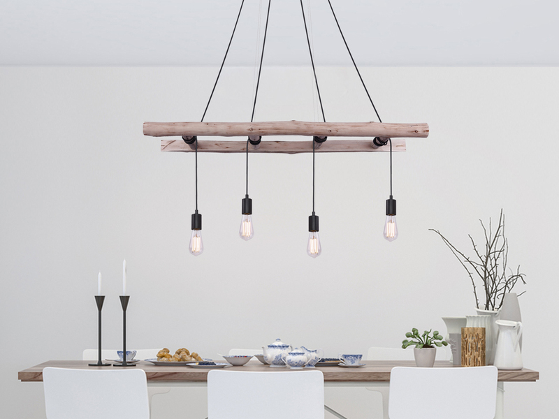 LED Pendelleuchte 4-flammig mit Leiter Holzbalken, Länge 115cm