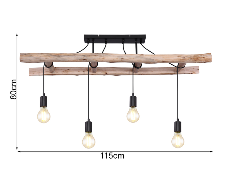 LED Deckenleuchte 4-flammig mit Leiter Holzbalken, Breite 115cm
