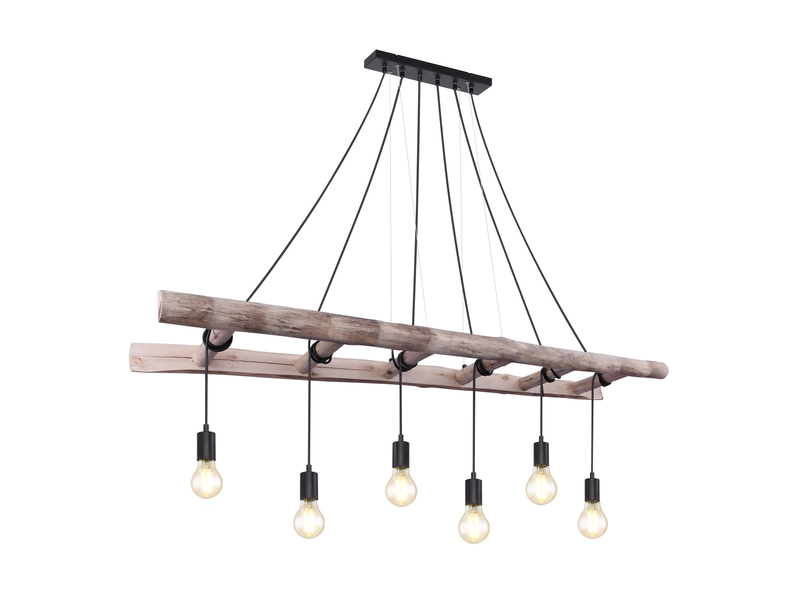 LED Pendelleuchte 6-flammig mit Leiter Holzbalken, Länge 160cm