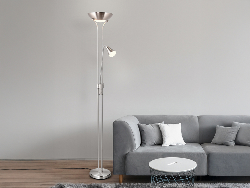 Klassischer LED Deckenfluter mit Leselampe in Silber matt, Höhe 181,5cm