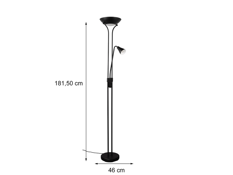 LED Deckenfluter mit Leselampe in Schwarz matt, Höhe 181,5cm
