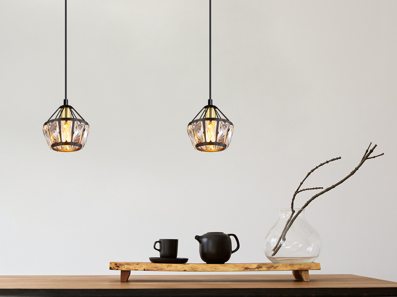 Pendelleuchte LOIS 1-flammig Metall Schwarz Gold mit Glaskristallen, Ø 12,5cm