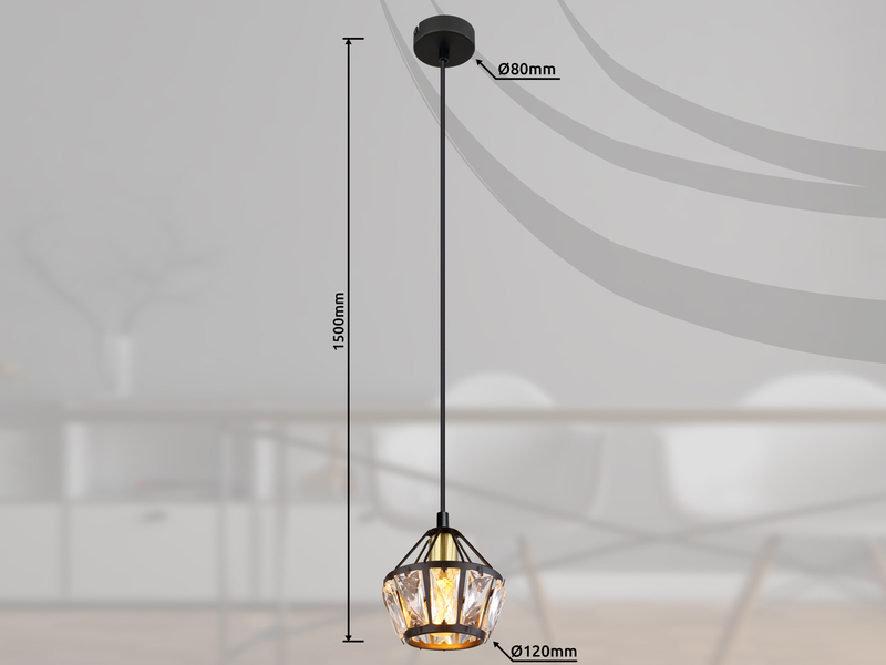 Pendelleuchte LOIS 1-flammig Metall Schwarz Gold mit Glaskristallen, Ø 12,5cm