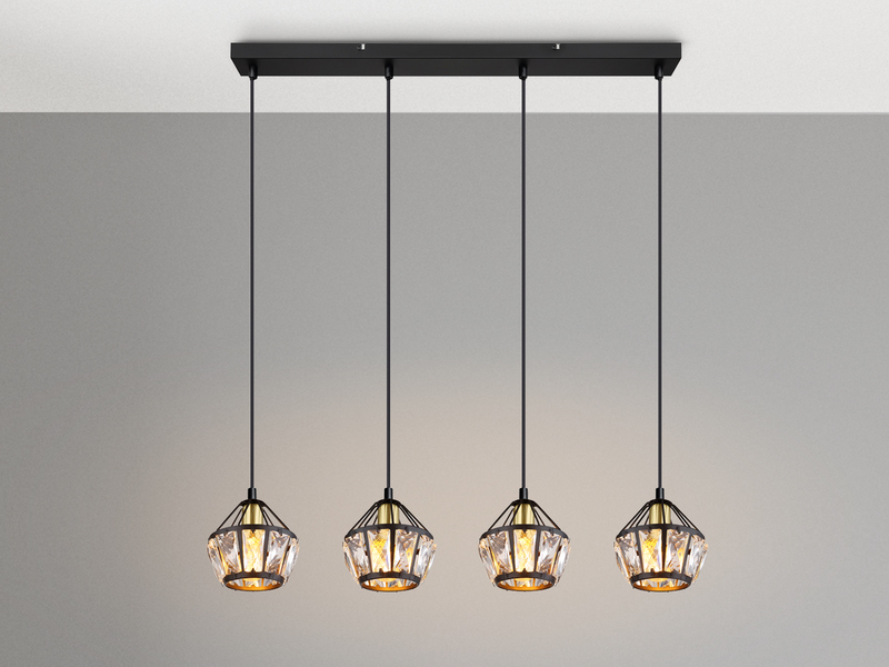 Pendelleuchte LOIS 4-flammig Metall Schwarz Gold mit Glaskristallen, Breite 73cm