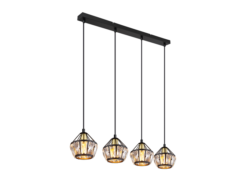 Pendelleuchte LOIS 4-flammig Metall Schwarz Gold mit Glaskristallen, Breite 73cm