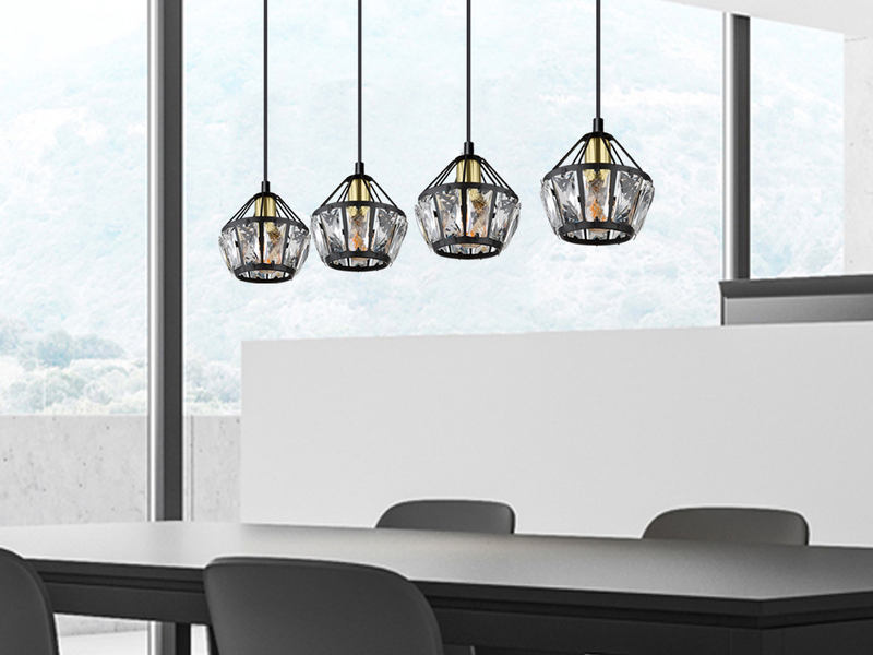 Pendelleuchte LOIS 4-flammig Metall Schwarz Gold mit Glaskristallen, Breite 73cm