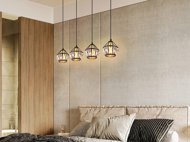 LED Pendelleuchte 4-flammig Metall Schwarz Gold mit Glaskristallen, Breite 73cm
