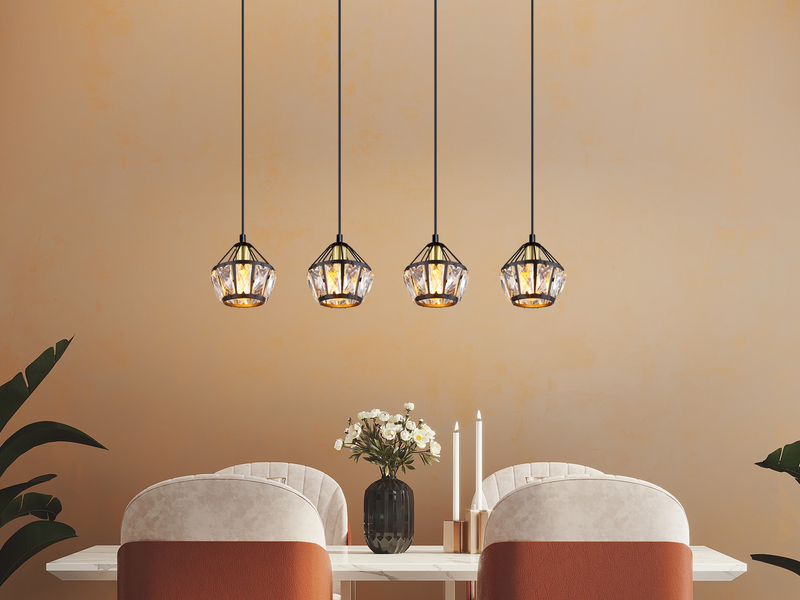 LED Pendelleuchte 4-flammig Metall Schwarz Gold mit Glaskristallen, Breite 73cm