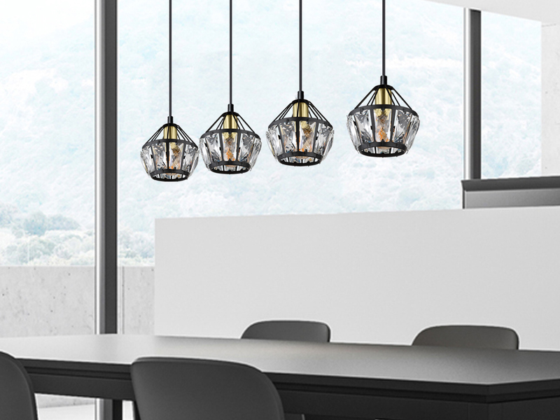 LED Pendelleuchte 4-flammig Metall Schwarz Gold mit Glaskristallen, Breite 73cm
